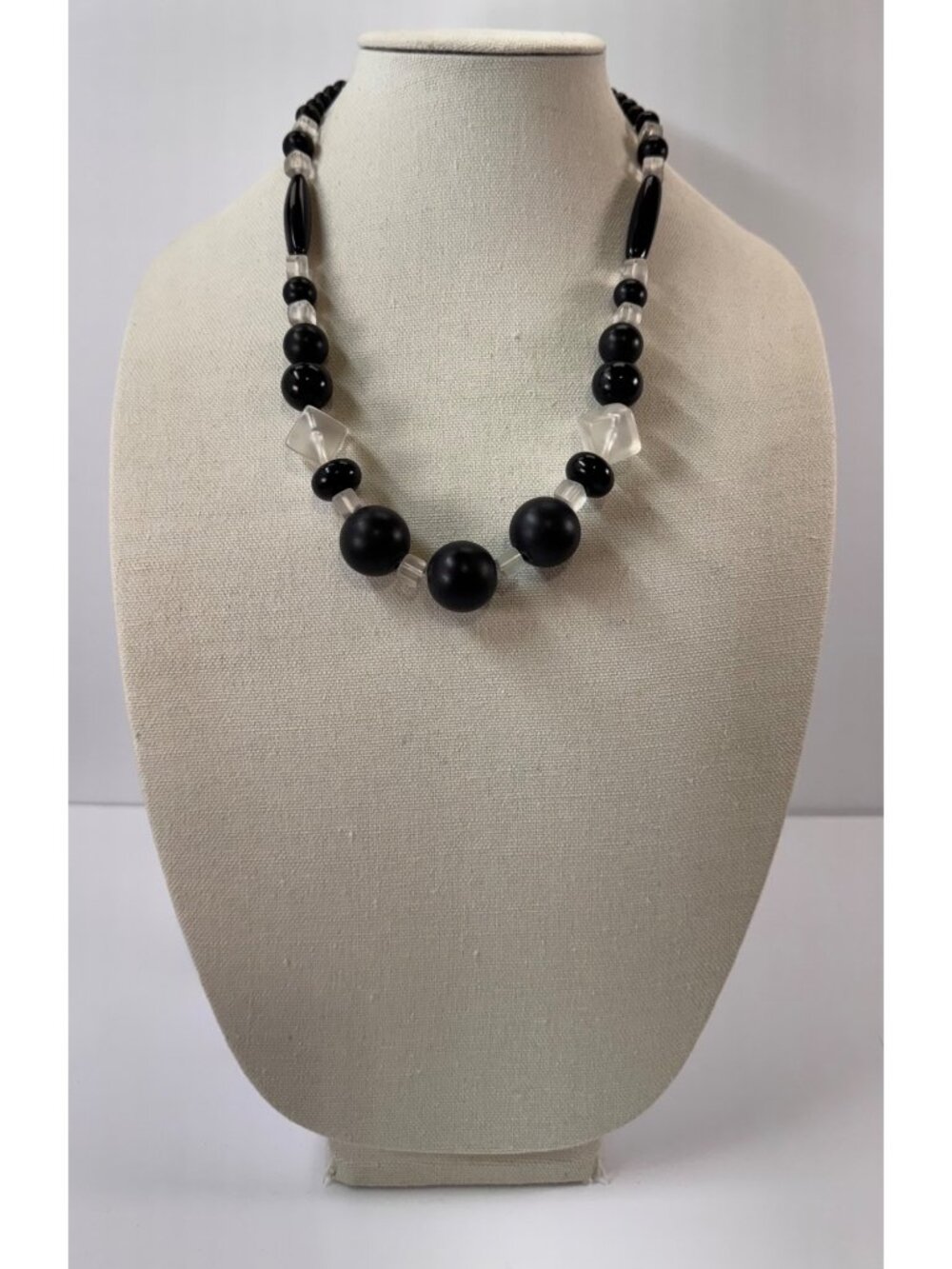 Vintage Black Lucite Frosted Clear Bead Necklace 22.5” Modernist Retro